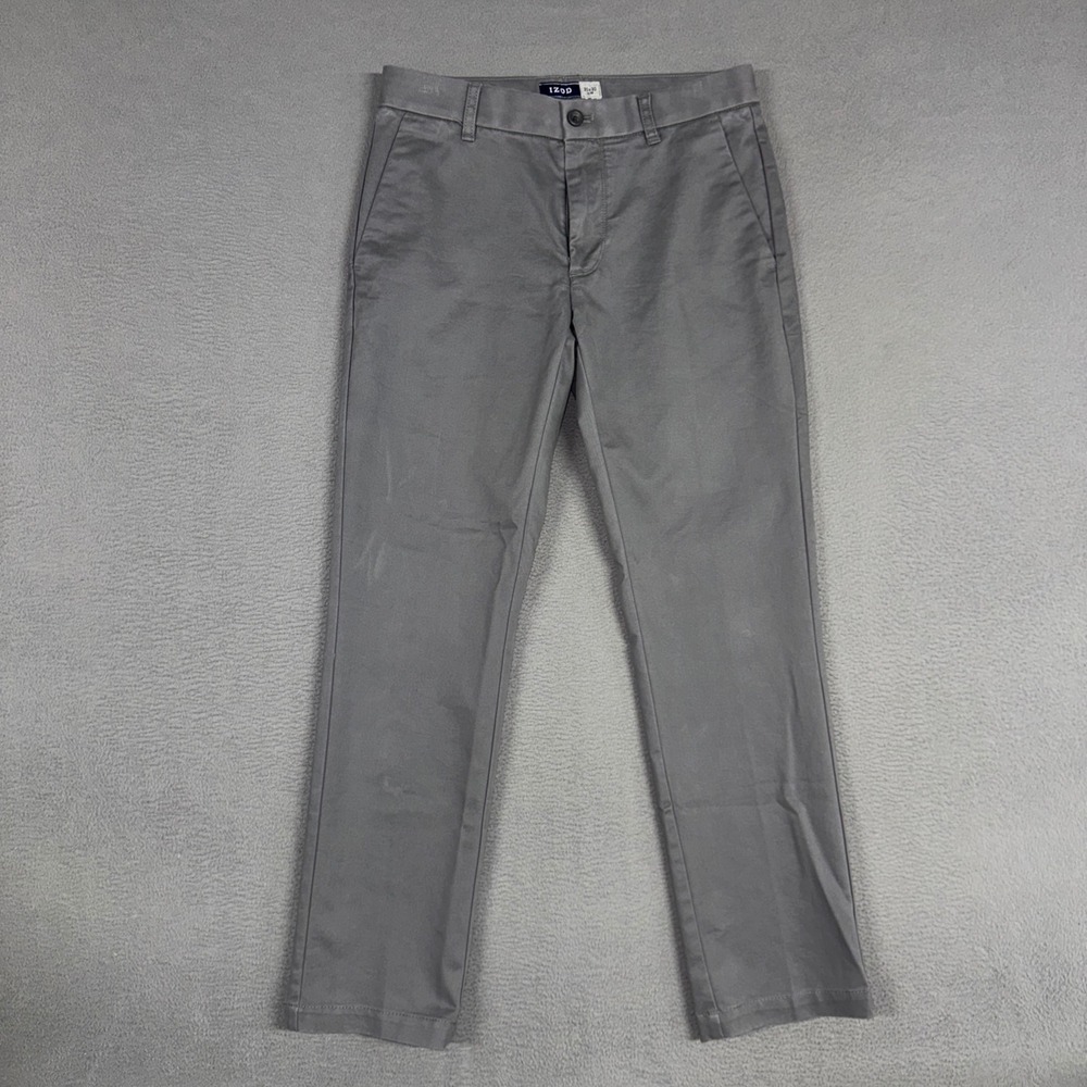 IZOD Pants Mens 30x30 Gray Slim Fit Stretch Flat Front Casual Chino Trousers